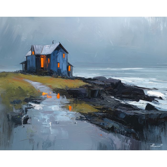 nordic, a Nordic atmospheric scene built around stormy sea house, a northern landscape or interior, stormy sea house, cool blue gray with warm amber window light, calm and atmospheric, foreground subject, impasto texture, textured strokes, atmospheric depth, oil painting, palette knife texture, impasto oil, thick paint, bold brushwork, soft glow, color contrast, layered depth, foreground focus, background gradient