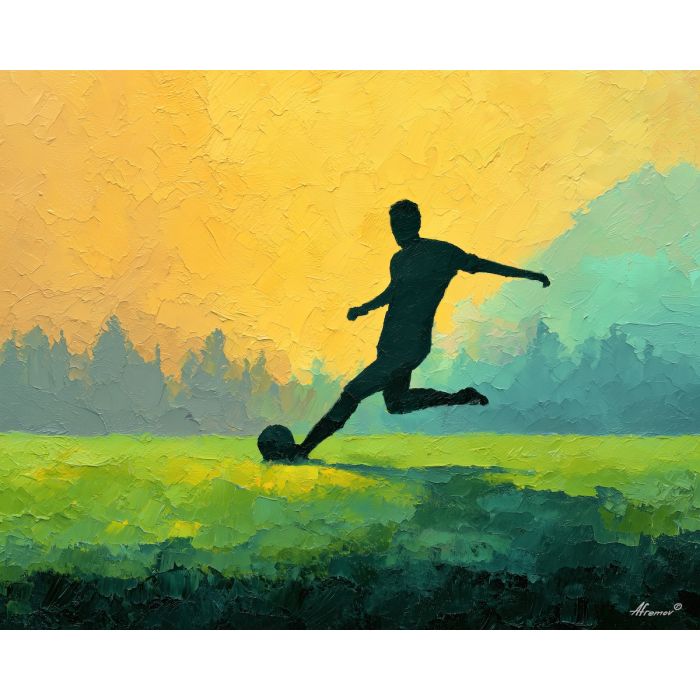 soccer, a soccer scene with mid-kick silhouette, a field or stadium setting, mid-kick silhouette, emerald field green with warm stadium gold and navy shade, energetic and nostalgic, foreground subject, impasto texture, textured strokes, atmospheric depth, oil painting, palette knife texture, impasto oil, thick paint, bold brushwork, soft glow, color contrast, layered depth, foreground focus, background gradient