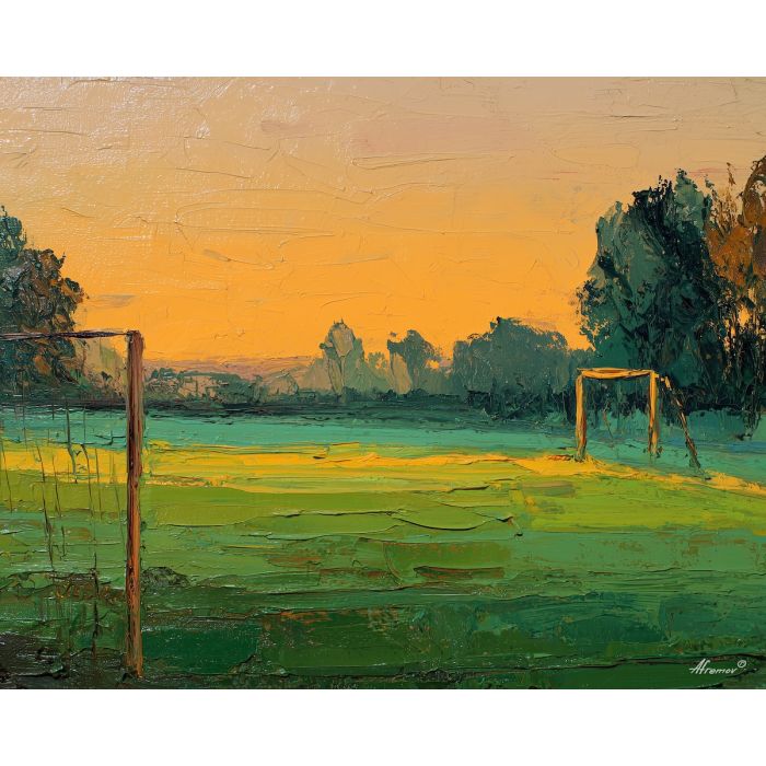 soccer, a soccer scene with sunset field, a field or stadium setting, sunset field, emerald field green with warm stadium gold and navy shade, energetic and nostalgic, foreground subject, impasto texture, textured strokes, atmospheric depth, oil painting, palette knife texture, impasto oil, thick paint, bold brushwork, soft glow, color contrast, layered depth, foreground focus, background gradient