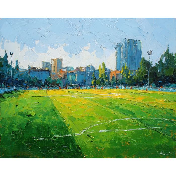 soccer, a soccer scene with urban street pitch, a field or stadium setting, urban street pitch, emerald field green with warm stadium gold and navy shade, energetic and nostalgic, foreground subject, impasto texture, textured strokes, atmospheric depth, oil painting, palette knife texture, impasto oil, thick paint, bold brushwork, soft glow, color contrast, layered depth, foreground focus, background gradient