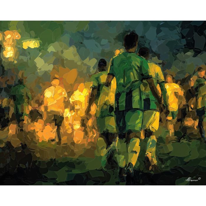 soccer, a soccer scene with captain armband, a field or stadium setting, captain armband, emerald field green with warm stadium gold and navy shade, energetic and nostalgic, foreground subject, impasto texture, textured strokes, atmospheric depth, oil painting, palette knife texture, impasto oil, thick paint, bold brushwork, soft glow, color contrast, layered depth, foreground focus, background gradient