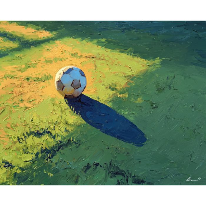 soccer, a soccer scene with ball shadow, a field or stadium setting, ball shadow, emerald field green with warm stadium gold and navy shade, energetic and nostalgic, foreground subject, impasto texture, textured strokes, atmospheric depth, oil painting, palette knife texture, impasto oil, thick paint, bold brushwork, soft glow, color contrast, layered depth, foreground focus, background gradient