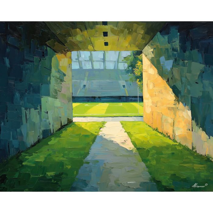 soccer, a soccer scene with stadium tunnel, a field or stadium setting, stadium tunnel, emerald field green with warm stadium gold and navy shade, energetic and nostalgic, foreground subject, impasto texture, textured strokes, atmospheric depth, oil painting, palette knife texture, impasto oil, thick paint, bold brushwork, soft glow, color contrast, layered depth, foreground focus, background gradient