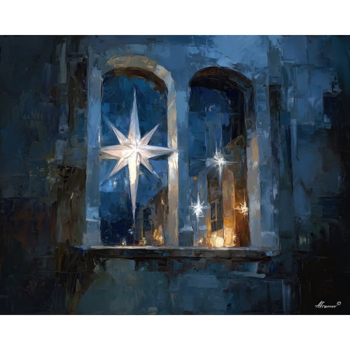 star, a star themed composition featuring church window star, a night or still life setting, church window star, midnight blue with silver and warm gold highlights, quietly luminous, foreground subject, impasto texture, textured strokes, atmospheric depth, oil painting, palette knife texture, impasto oil, thick paint, bold brushwork, soft glow, color contrast, layered depth, foreground focus, background gradient