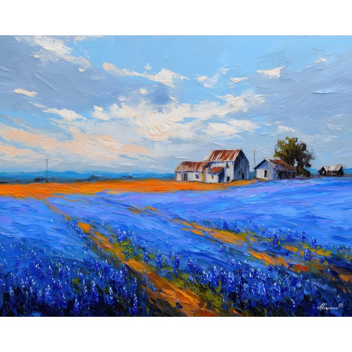 texas, a Texas scene centered on bluebonnet field, a western landscape or town scene, bluebonnet field, sunset orange and dusty blue with warm earth tones, wide and sun warmed, foreground subject, impasto texture, textured strokes, atmospheric depth, oil painting, palette knife texture, impasto oil, thick paint, bold brushwork, soft glow, color contrast, layered depth, foreground focus, background gradient