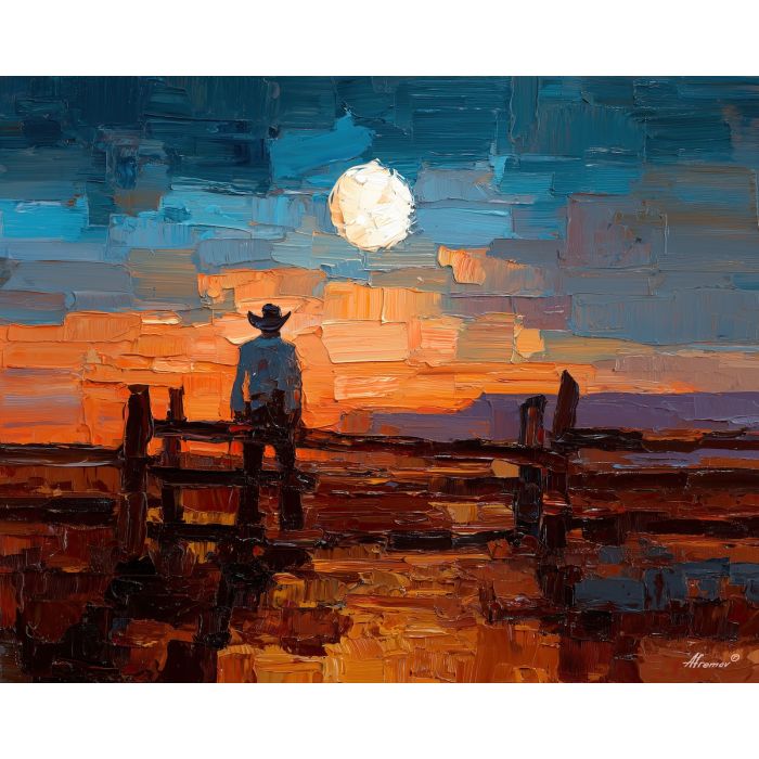 texas, a Texas scene centered on cowboy hat on fence, a western landscape or town scene, cowboy hat on fence, sunset orange and dusty blue with warm earth tones, wide and sun warmed, foreground subject, impasto texture, textured strokes, atmospheric depth, oil painting, palette knife texture, impasto oil, thick paint, bold brushwork, soft glow, color contrast, layered depth, foreground focus, background gradient