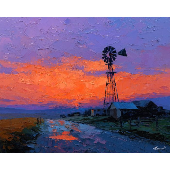 texas, a Texas scene centered on windmill at dusk, a western landscape or town scene, windmill at dusk, sunset orange and dusty blue with warm earth tones, wide and sun warmed, foreground subject, impasto texture, textured strokes, atmospheric depth, oil painting, palette knife texture, impasto oil, thick paint, bold brushwork, soft glow, color contrast, layered depth, foreground focus, background gradient
