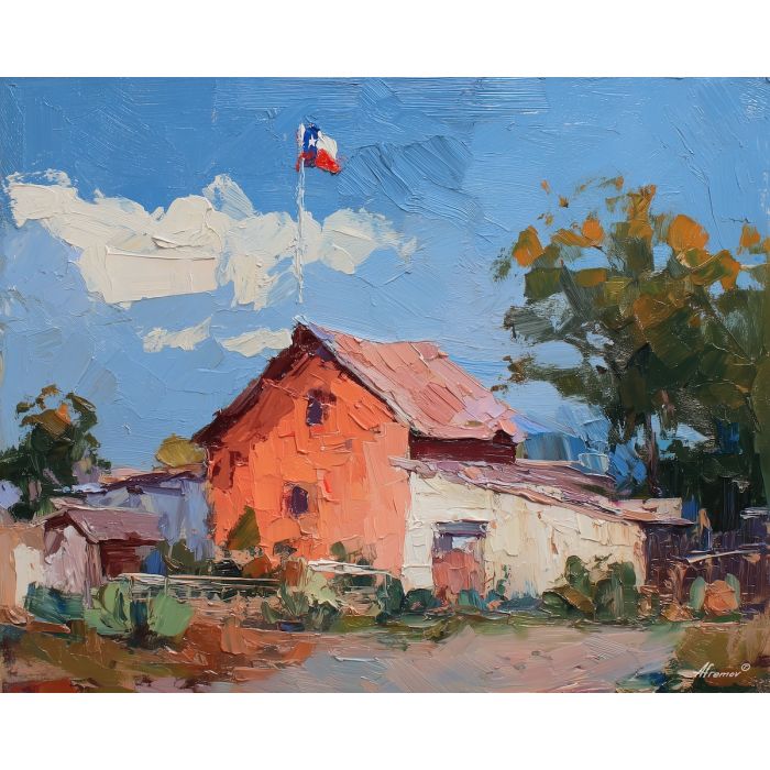 texas, a Texas scene centered on barn and flag, a western landscape or town scene, barn and flag, sunset orange and dusty blue with warm earth tones, wide and sun warmed, foreground subject, impasto texture, textured strokes, atmospheric depth, oil painting, palette knife texture, impasto oil, thick paint, bold brushwork, soft glow, color contrast, layered depth, foreground focus, background gradient