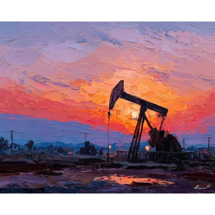 texas, a Texas scene centered on oil pump jack, a western landscape or town scene, oil pump jack, sunset orange and dusty blue with warm earth tones, wide and sun warmed, foreground subject, impasto texture, textured strokes, atmospheric depth, oil painting, palette knife texture, impasto oil, thick paint, bold brushwork, soft glow, color contrast, layered depth, foreground focus, background gradient