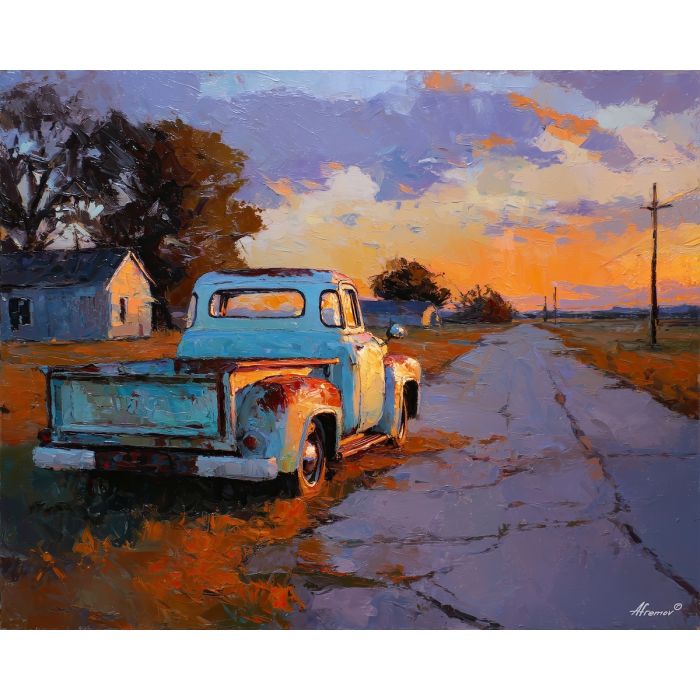 texas, a Texas scene centered on old pickup truck, a western landscape or town scene, old pickup truck, sunset orange and dusty blue with warm earth tones, wide and sun warmed, foreground subject, impasto texture, textured strokes, atmospheric depth, oil painting, palette knife texture, impasto oil, thick paint, bold brushwork, soft glow, color contrast, layered depth, foreground focus, background gradient