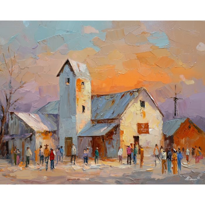texas, a Texas scene centered on country dance hall, a western landscape or town scene, country dance hall, sunset orange and dusty blue with warm earth tones, wide and sun warmed, foreground subject, impasto texture, textured strokes, atmospheric depth, oil painting, palette knife texture, impasto oil, thick paint, bold brushwork, soft glow, color contrast, layered depth, foreground focus, background gradient
