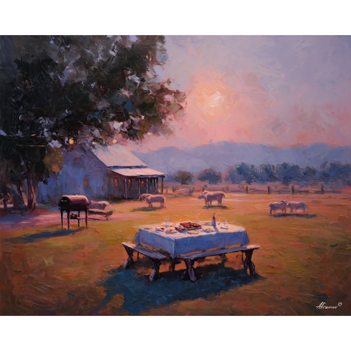 texas, a Texas scene centered on barbecue table, a western landscape or town scene, barbecue table, sunset orange and dusty blue with warm earth tones, wide and sun warmed, foreground subject, impasto texture, textured strokes, atmospheric depth, oil painting, palette knife texture, impasto oil, thick paint, bold brushwork, soft glow, color contrast, layered depth, foreground focus, background gradient