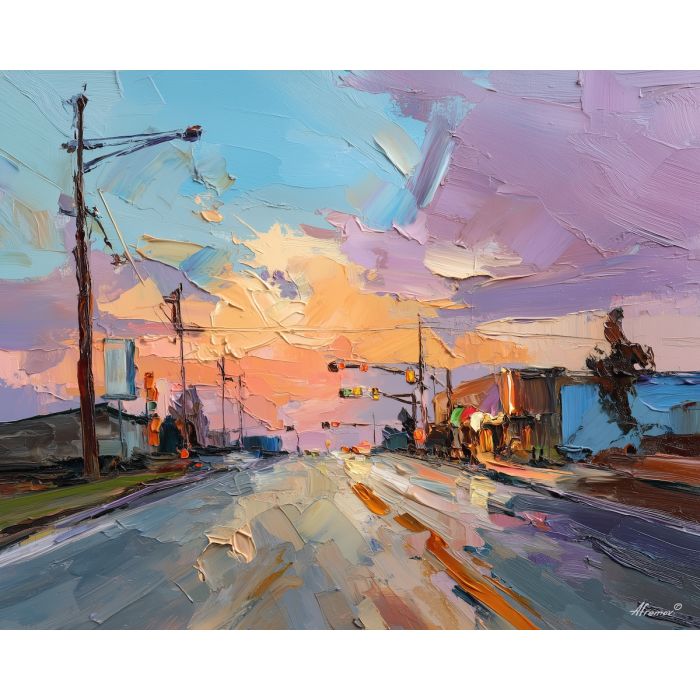 texas, a Texas scene centered on county fair lights, a western landscape or town scene, county fair lights, sunset orange and dusty blue with warm earth tones, wide and sun warmed, foreground subject, impasto texture, textured strokes, atmospheric depth, oil painting, palette knife texture, impasto oil, thick paint, bold brushwork, soft glow, color contrast, layered depth, foreground focus, background gradient
