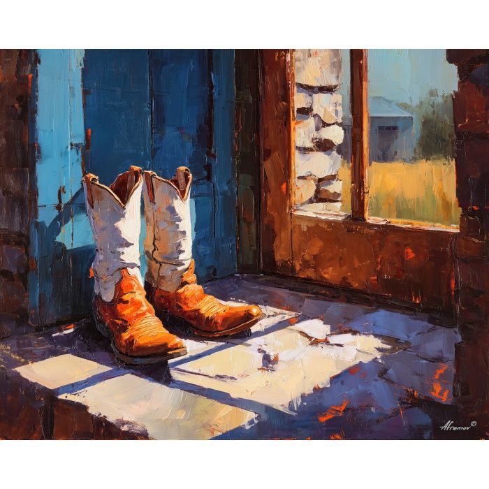 texas, a Texas scene centered on boots by door, a western landscape or town scene, boots by door, sunset orange and dusty blue with warm earth tones, wide and sun warmed, foreground subject, impasto texture, textured strokes, atmospheric depth, oil painting, palette knife texture, impasto oil, thick paint, bold brushwork, soft glow, color contrast, layered depth, foreground focus, background gradient