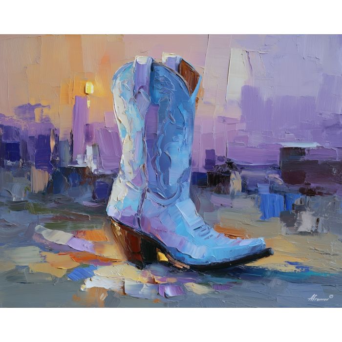 texas, a Texas scene centered on dance boots, a western landscape or town scene, dance boots, sunset orange and dusty blue with warm earth tones, wide and sun warmed, foreground subject, impasto texture, textured strokes, atmospheric depth, oil painting, palette knife texture, impasto oil, thick paint, bold brushwork, soft glow, color contrast, layered depth, foreground focus, background gradient