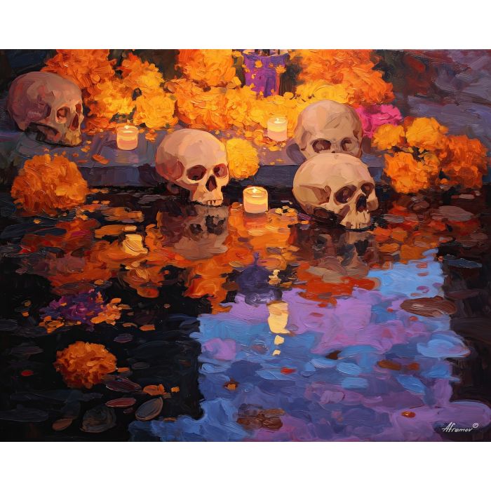 dia de los muertos, a Día de los Muertos scene centered on skull garland, a warm ceremonial setting, skull garland, orange marigold and cobalt shadow with magenta accents, reverent and celebratory, foreground subject, impasto texture, textured strokes, atmospheric depth, oil painting, palette knife texture, impasto oil, thick paint, bold brushwork, soft glow, color contrast, layered depth, foreground focus, background gradient