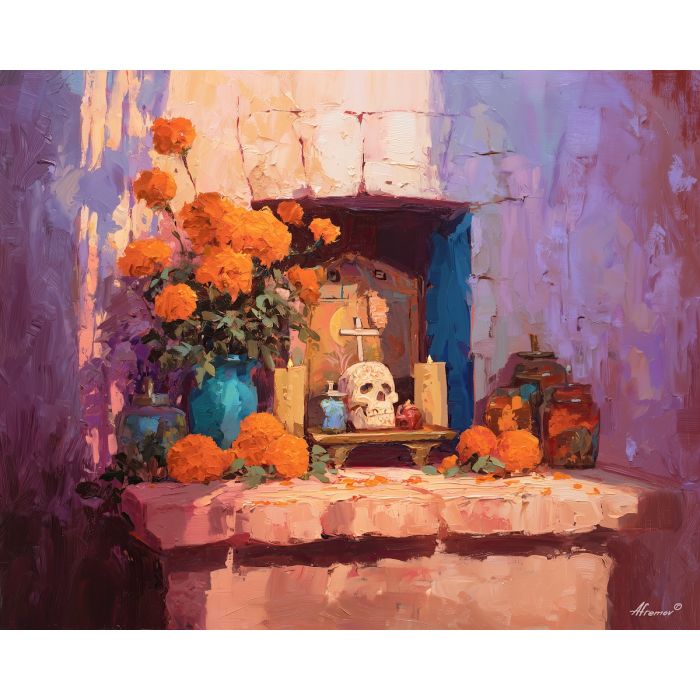 dia de los muertos, a Día de los Muertos scene centered on altar niche, a warm ceremonial setting, altar niche, orange marigold and cobalt shadow with magenta accents, reverent and celebratory, foreground subject, impasto texture, textured strokes, atmospheric depth, oil painting, palette knife texture, impasto oil, thick paint, bold brushwork, soft glow, color contrast, layered depth, foreground focus, background gradient