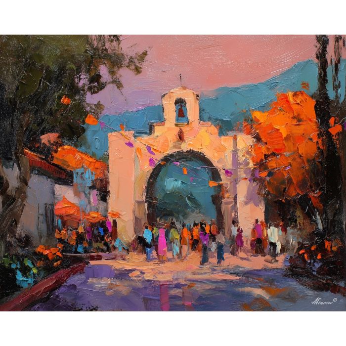 dia de los muertos, a Día de los Muertos scene centered on festival arch, a warm ceremonial setting, festival arch, orange marigold and cobalt shadow with magenta accents, reverent and celebratory, foreground subject, impasto texture, textured strokes, atmospheric depth, oil painting, palette knife texture, impasto oil, thick paint, bold brushwork, soft glow, color contrast, layered depth, foreground focus, background gradient