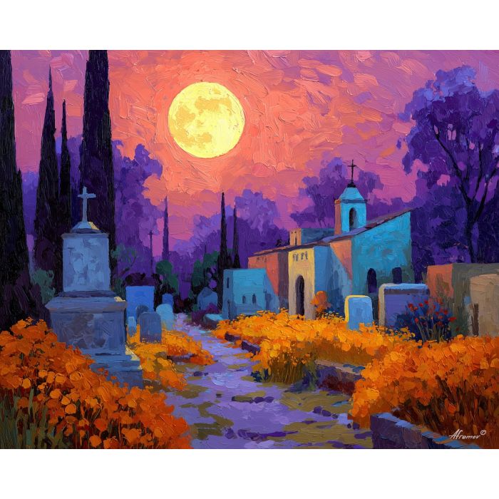 dia de los muertos, a Día de los Muertos scene centered on moonlit cemetery, a warm ceremonial setting, moonlit cemetery, orange marigold and cobalt shadow with magenta accents, reverent and celebratory, foreground subject, impasto texture, textured strokes, atmospheric depth, oil painting, palette knife texture, impasto oil, thick paint, bold brushwork, soft glow, color contrast, layered depth, foreground focus, background gradient