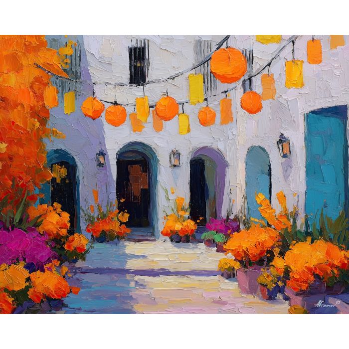 dia de los muertos, a Día de los Muertos scene centered on lantern courtyard, a warm ceremonial setting, lantern courtyard, orange marigold and cobalt shadow with magenta accents, reverent and celebratory, foreground subject, impasto texture, textured strokes, atmospheric depth, oil painting, palette knife texture, impasto oil, thick paint, bold brushwork, soft glow, color contrast, layered depth, foreground focus, background gradient