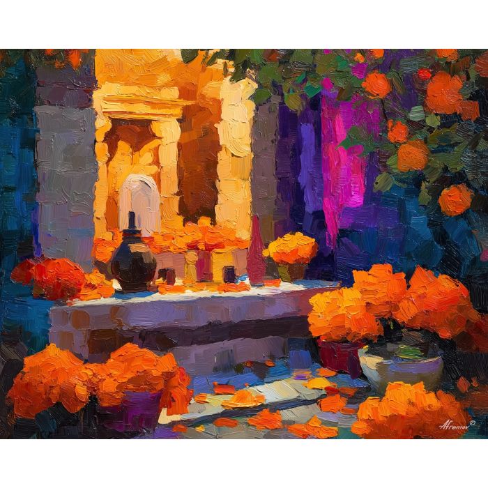 dia de los muertos, a Día de los Muertos scene centered on night shrine, a warm ceremonial setting, night shrine, orange marigold and cobalt shadow with magenta accents, reverent and celebratory, foreground subject, impasto texture, textured strokes, atmospheric depth, oil painting, palette knife texture, impasto oil, thick paint, bold brushwork, soft glow, color contrast, layered depth, foreground focus, background gradient