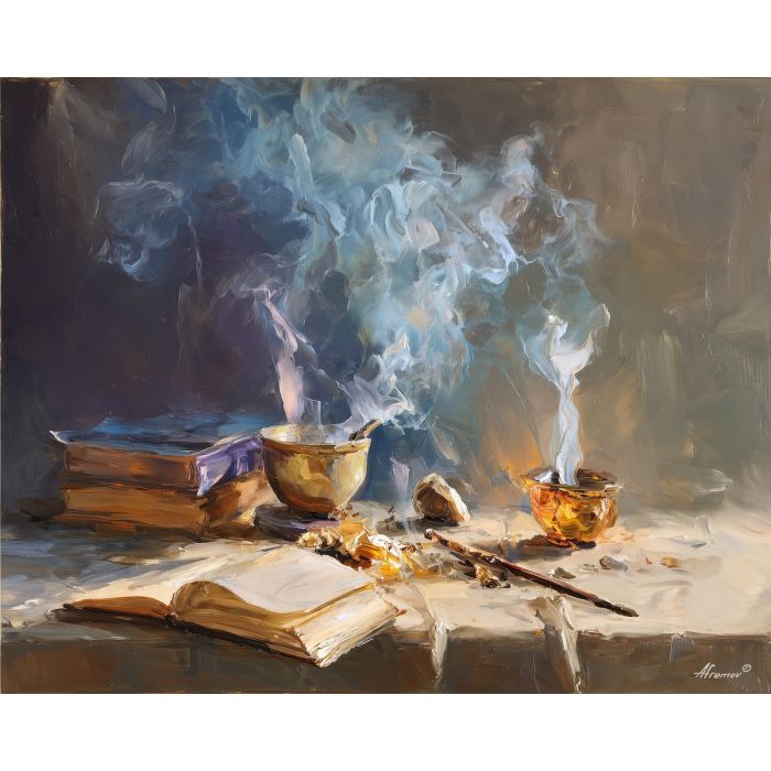 smoke, a smoke-focused composition centered on incense ribbon, an atmospheric setting, incense ribbon, silver gray and cobalt with warm ember accents, atmospheric and drifting, foreground subject, impasto texture, textured strokes, atmospheric depth, oil painting, palette knife texture, impasto oil, thick paint, bold brushwork, soft glow, color contrast, layered depth, foreground focus, background gradient