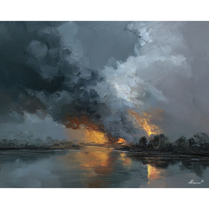 smoke, a smoke-focused composition centered on storm smoke, an atmospheric setting, storm smoke, silver gray and cobalt with warm ember accents, atmospheric and drifting, foreground subject, impasto texture, textured strokes, atmospheric depth, oil painting, palette knife texture, impasto oil, thick paint, bold brushwork, soft glow, color contrast, layered depth, foreground focus, background gradient