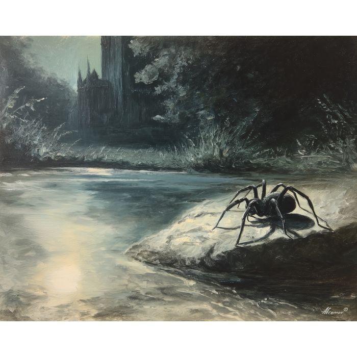 spider, a spider scene built around spider on stone, a dark natural or architectural setting, spider on stone, charcoal and silver with pale moonlight, quietly eerie, foreground subject, impasto texture, textured strokes, atmospheric depth, oil painting, palette knife texture, impasto oil, thick paint, bold brushwork, soft glow, color contrast, layered depth, foreground focus, background gradient