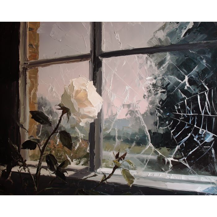 spider, a spider scene built around web on rose, a dark natural or architectural setting, web on rose, charcoal and silver with pale moonlight, quietly eerie, foreground subject, impasto texture, textured strokes, atmospheric depth, oil painting, palette knife texture, impasto oil, thick paint, bold brushwork, soft glow, color contrast, layered depth, foreground focus, background gradient