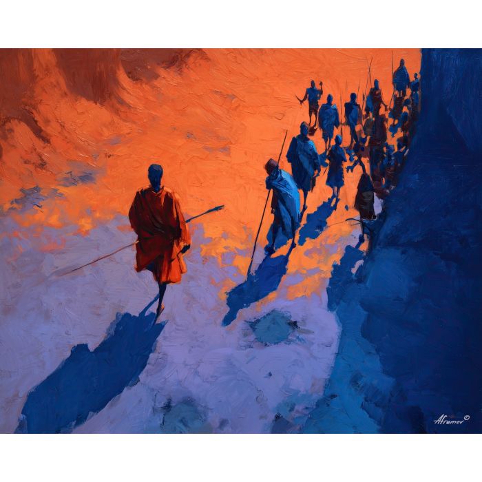 tribal, a tribal-inspired scene centered on ritual spear shadow, a symbolic ritual environment, ritual spear shadow, terracotta and ochre with deep indigo shadows, ceremonial and grounded, foreground subject, impasto texture, textured strokes, atmospheric depth, oil painting, palette knife texture, impasto oil, thick paint, bold brushwork, soft glow, color contrast, layered depth, foreground focus, background gradient