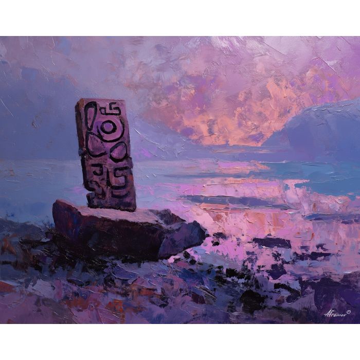 tribal, a tribal-inspired scene centered on painted stone glyph, a symbolic ritual environment, painted stone glyph, terracotta and ochre with deep indigo shadows, ceremonial and grounded, foreground subject, impasto texture, textured strokes, atmospheric depth, oil painting, palette knife texture, impasto oil, thick paint, bold brushwork, soft glow, color contrast, layered depth, foreground focus, background gradient