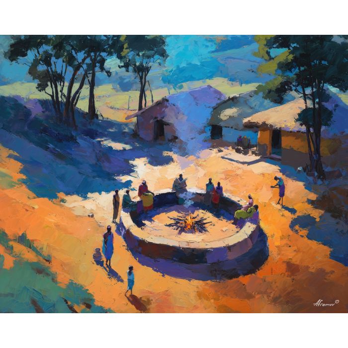 tribal, a tribal-inspired scene centered on village fire ring, a symbolic ritual environment, village fire ring, terracotta and ochre with deep indigo shadows, ceremonial and grounded, foreground subject, impasto texture, textured strokes, atmospheric depth, oil painting, palette knife texture, impasto oil, thick paint, bold brushwork, soft glow, color contrast, layered depth, foreground focus, background gradient