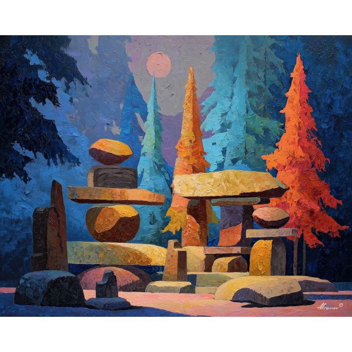 tribal, a tribal-inspired scene centered on forest carving, a symbolic ritual environment, forest carving, terracotta and ochre with deep indigo shadows, ceremonial and grounded, foreground subject, impasto texture, textured strokes, atmospheric depth, oil painting, palette knife texture, impasto oil, thick paint, bold brushwork, soft glow, color contrast, layered depth, foreground focus, background gradient