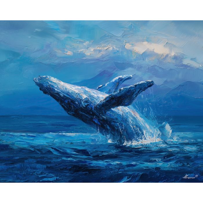 whale, a whale scene featuring breach at dawn, an oceanic environment, breach at dawn, deep blue and turquoise with silver light, vast and cinematic, foreground subject, impasto texture, textured strokes, atmospheric depth, oil painting, palette knife texture, impasto oil, thick paint, bold brushwork, soft glow, color contrast, layered depth, foreground focus, background gradient