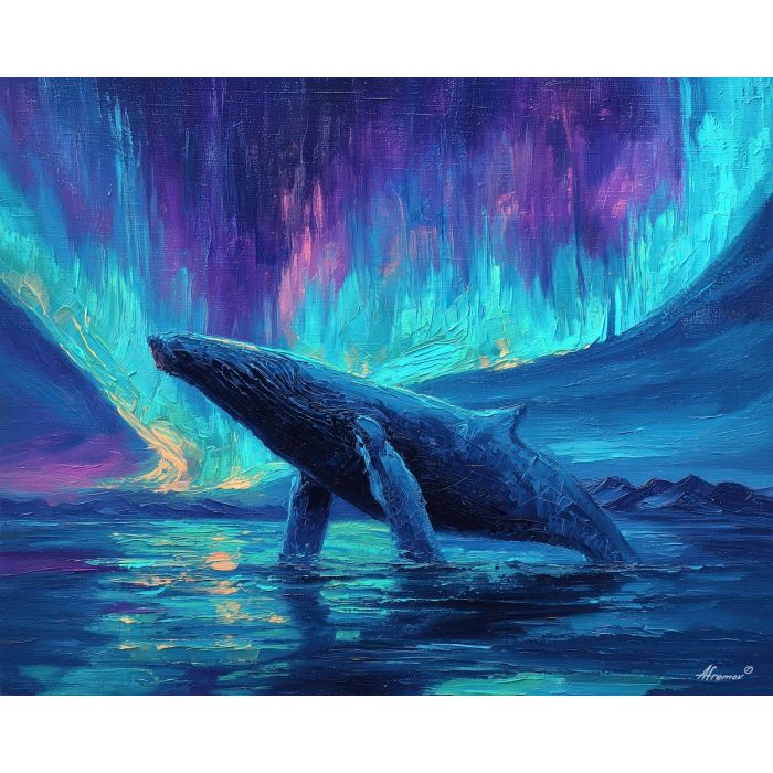 whale, a whale scene featuring whale under aurora, an oceanic environment, whale under aurora, deep blue and turquoise with silver light, vast and cinematic, foreground subject, impasto texture, textured strokes, atmospheric depth, oil painting, palette knife texture, impasto oil, thick paint, bold brushwork, soft glow, color contrast, layered depth, foreground focus, background gradient