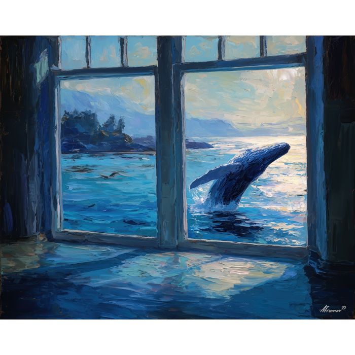 whale, a whale scene featuring calm harbor breach, an oceanic environment, calm harbor breach, deep blue and turquoise with silver light, vast and cinematic, foreground subject, impasto texture, textured strokes, atmospheric depth, oil painting, palette knife texture, impasto oil, thick paint, bold brushwork, soft glow, color contrast, layered depth, foreground focus, background gradient