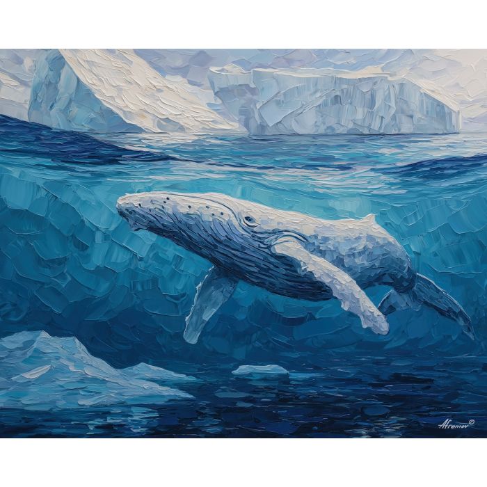 whale, a whale scene featuring glacial water whale, an oceanic environment, glacial water whale, deep blue and turquoise with silver light, vast and cinematic, foreground subject, impasto texture, textured strokes, atmospheric depth, oil painting, palette knife texture, impasto oil, thick paint, bold brushwork, soft glow, color contrast, layered depth, foreground focus, background gradient