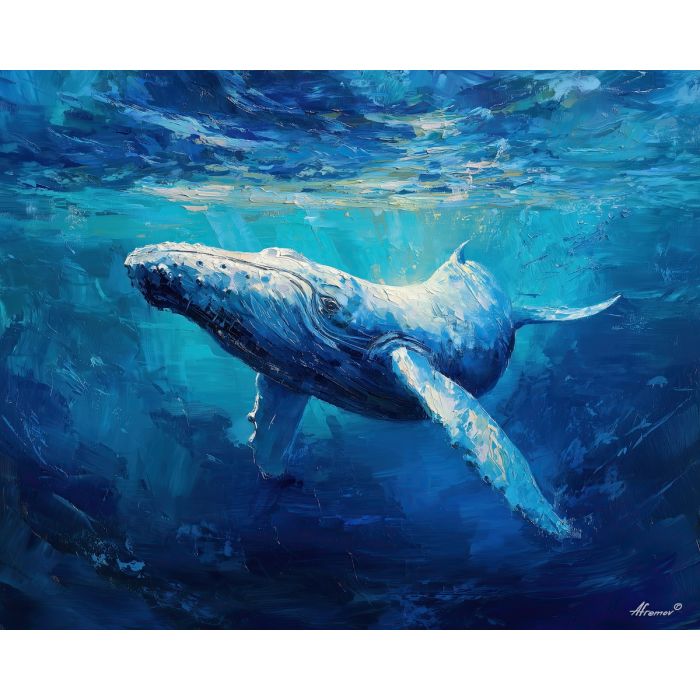 whale, a whale scene featuring open water glow, an oceanic environment, open water glow, deep blue and turquoise with silver light, vast and cinematic, foreground subject, impasto texture, textured strokes, atmospheric depth, oil painting, palette knife texture, impasto oil, thick paint, bold brushwork, soft glow, color contrast, layered depth, foreground focus, background gradient