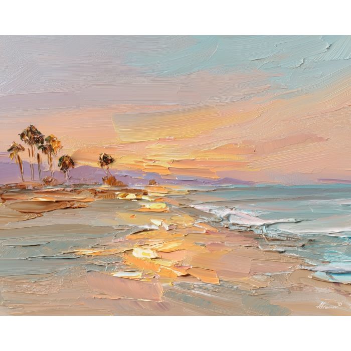 yoga, a yoga composition with beach stretch dawn, a quiet meditative setting, beach stretch dawn, soft peach and sage with warm gold light, calm and restorative, foreground subject, impasto texture, textured strokes, atmospheric depth, oil painting, palette knife texture, impasto oil, thick paint, bold brushwork, soft glow, color contrast, layered depth, foreground focus, background gradient