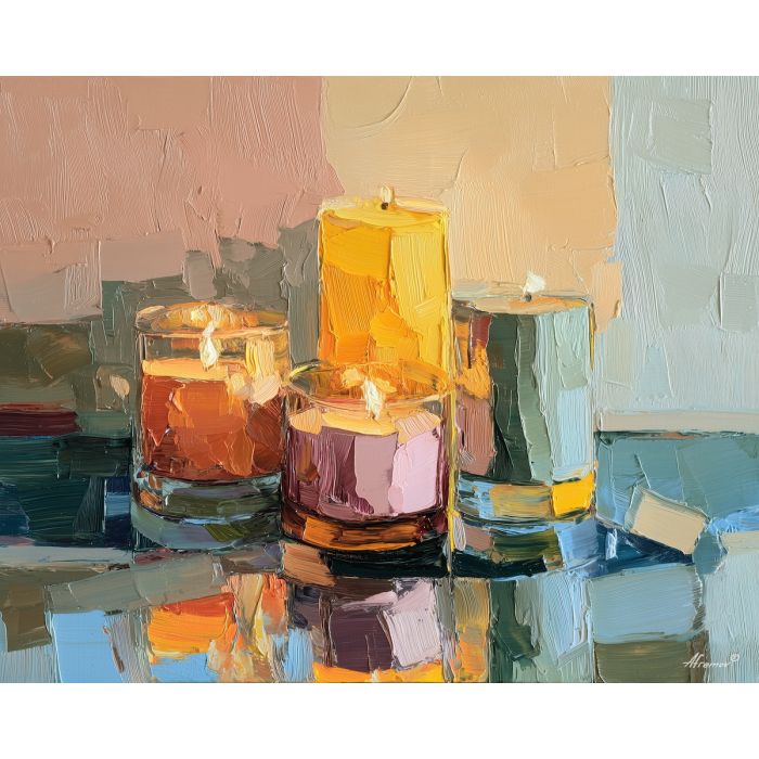 yoga, a yoga composition with studio candle flow, a quiet meditative setting, studio candle flow, soft peach and sage with warm gold light, calm and restorative, foreground subject, impasto texture, textured strokes, atmospheric depth, oil painting, palette knife texture, impasto oil, thick paint, bold brushwork, soft glow, color contrast, layered depth, foreground focus, background gradient