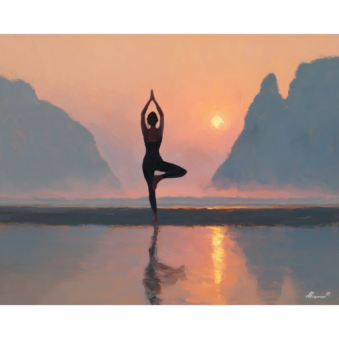 yoga, a yoga composition with mountain pose light, a quiet meditative setting, mountain pose light, soft peach and sage with warm gold light, calm and restorative, foreground subject, impasto texture, textured strokes, atmospheric depth, oil painting, palette knife texture, impasto oil, thick paint, bold brushwork, soft glow, color contrast, layered depth, foreground focus, background gradient