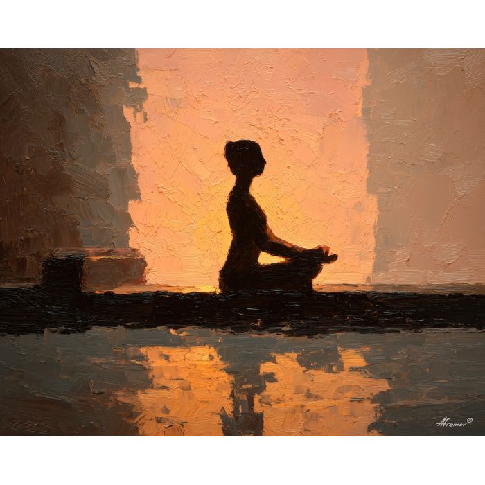yoga, a yoga composition with sunbeam silhouette, a quiet meditative setting, sunbeam silhouette, soft peach and sage with warm gold light, calm and restorative, foreground subject, impasto texture, textured strokes, atmospheric depth, oil painting, palette knife texture, impasto oil, thick paint, bold brushwork, soft glow, color contrast, layered depth, foreground focus, background gradient