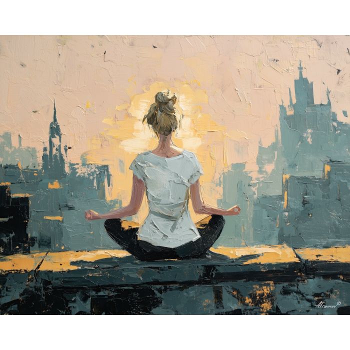 yoga, a yoga composition with urban rooftop pose, a quiet meditative setting, urban rooftop pose, soft peach and sage with warm gold light, calm and restorative, foreground subject, impasto texture, textured strokes, atmospheric depth, oil painting, palette knife texture, impasto oil, thick paint, bold brushwork, soft glow, color contrast, layered depth, foreground focus, background gradient