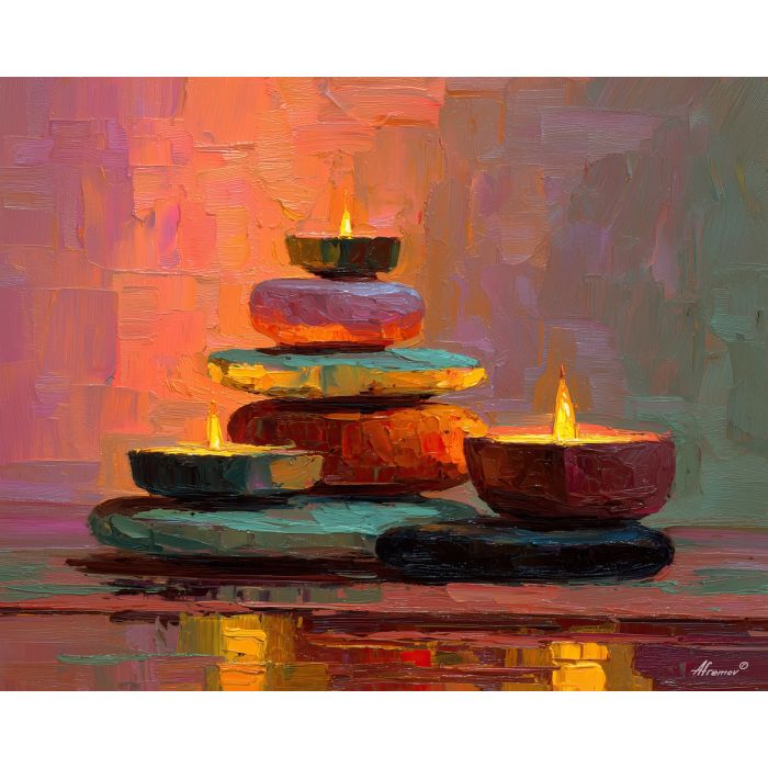 yoga, a yoga composition with candlelit balance, a quiet meditative setting, candlelit balance, soft peach and sage with warm gold light, calm and restorative, foreground subject, impasto texture, textured strokes, atmospheric depth, oil painting, palette knife texture, impasto oil, thick paint, bold brushwork, soft glow, color contrast, layered depth, foreground focus, background gradient