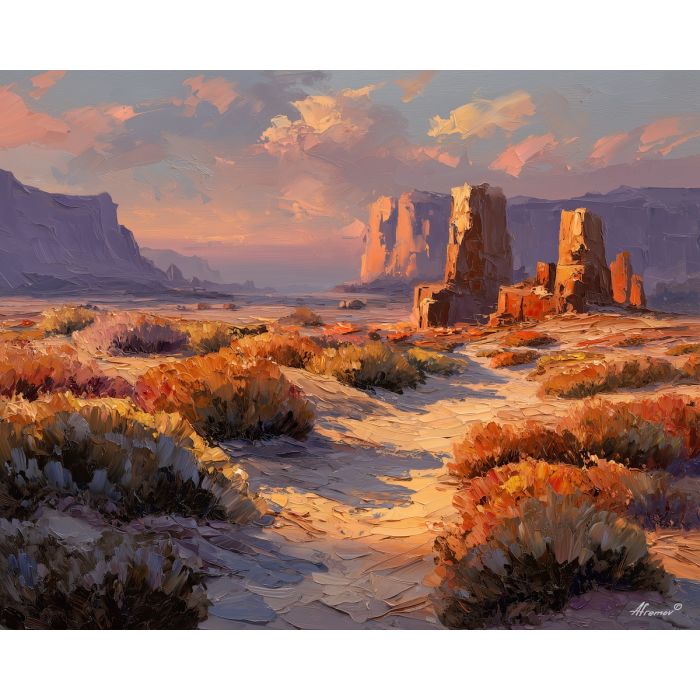 yoga, a yoga composition with desert dawn balance, a quiet meditative setting, desert dawn balance, soft peach and sage with warm gold light, calm and restorative, foreground subject, impasto texture, textured strokes, atmospheric depth, oil painting, palette knife texture, impasto oil, thick paint, bold brushwork, soft glow, color contrast, layered depth, foreground focus, background gradient