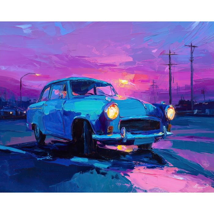 80s, an 80s-inspired scene featuring retro car dusk, a retro neon environment, retro car dusk, neon pink and teal with cobalt shadows, neon and nostalgic, foreground subject, impasto texture, textured strokes, atmospheric depth, oil painting, palette knife texture, impasto oil, thick paint, bold brushwork, soft glow, color contrast, layered depth, foreground focus, background gradient