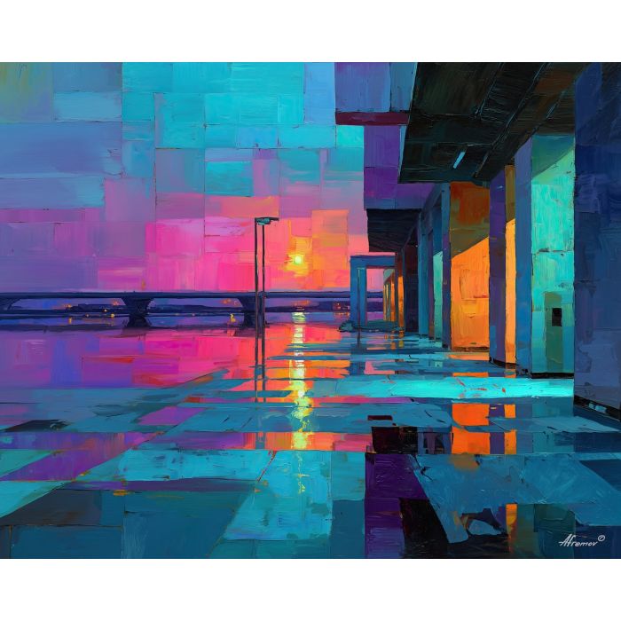 80s, an 80s-inspired scene featuring grid sunset, a retro neon environment, grid sunset, neon pink and teal with cobalt shadows, neon and nostalgic, foreground subject, impasto texture, textured strokes, atmospheric depth, oil painting, palette knife texture, impasto oil, thick paint, bold brushwork, soft glow, color contrast, layered depth, foreground focus, background gradient