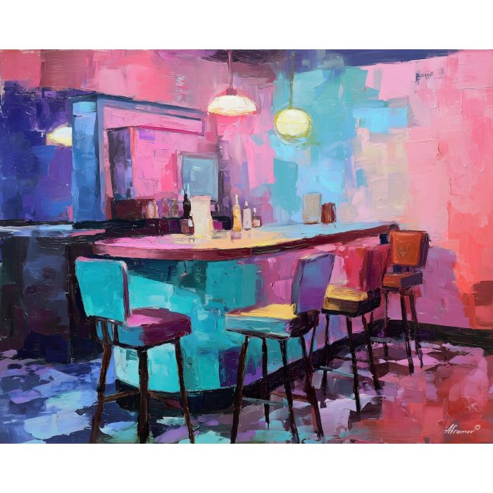 80s, an 80s-inspired scene featuring retro diner neon, a retro neon environment, retro diner neon, neon pink and teal with cobalt shadows, neon and nostalgic, foreground subject, impasto texture, textured strokes, atmospheric depth, oil painting, palette knife texture, impasto oil, thick paint, bold brushwork, soft glow, color contrast, layered depth, foreground focus, background gradient