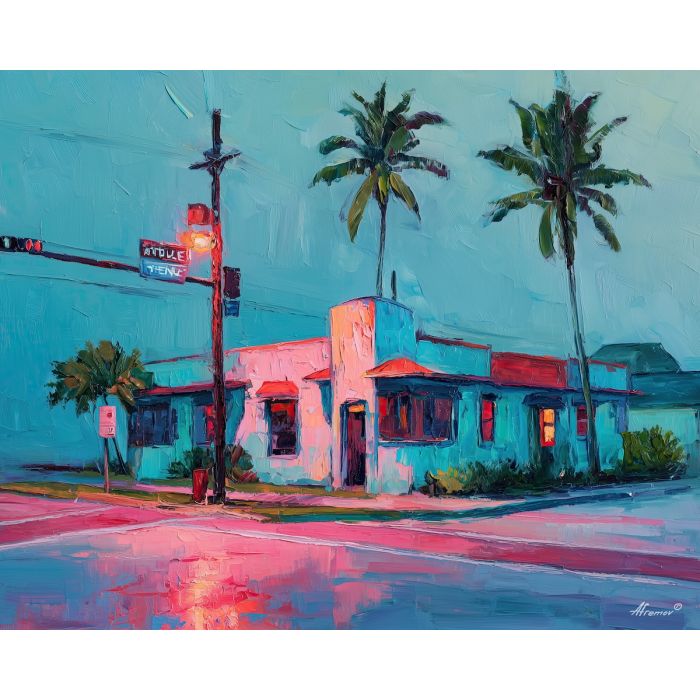 80s, an 80s-inspired scene featuring miami street light, a retro neon environment, miami street light, neon pink and teal with cobalt shadows, neon and nostalgic, foreground subject, impasto texture, textured strokes, atmospheric depth, oil painting, palette knife texture, impasto oil, thick paint, bold brushwork, soft glow, color contrast, layered depth, foreground focus, background gradient