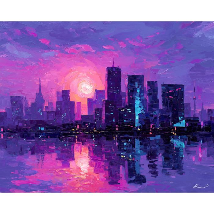 80s, an 80s-inspired scene featuring purple skyline, a retro neon environment, purple skyline, neon pink and teal with cobalt shadows, neon and nostalgic, foreground subject, impasto texture, textured strokes, atmospheric depth, oil painting, palette knife texture, impasto oil, thick paint, bold brushwork, soft glow, color contrast, layered depth, foreground focus, background gradient